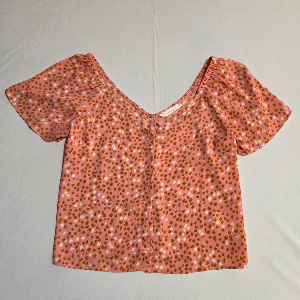 Lush Pink Coral Abstract Dot V-Neck Button-Front Blouse - Size Small